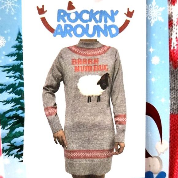Rockin Around Ugly Sweater Christmas Dress Sweater Sheep Bell Gray Red Nordic XL - Picture 5 of 15